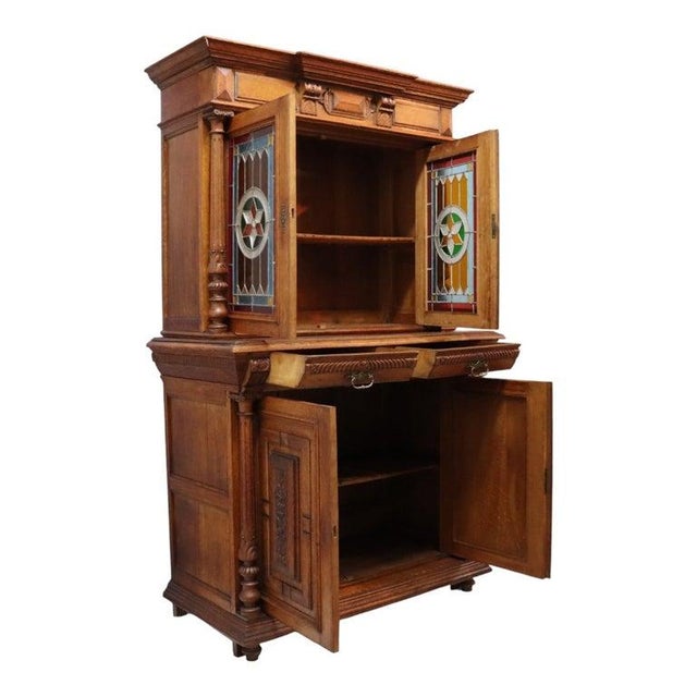 Continental Gothic Carved Oak & Stained Leaded Glass Court Cupboard C1900 For Sale - Image 4 of 17