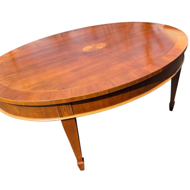 1980s Hekman Copley Place Mahogany and Yew Inlaid Oval Coffee Table For Sale - Image 11 of 14