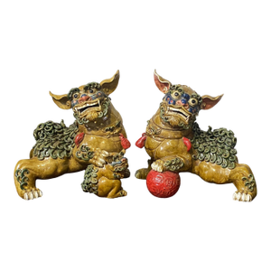 Vintage Large Chinoiserie Sancai Glaze Pottery Foo Dogs - A Pair 19" H