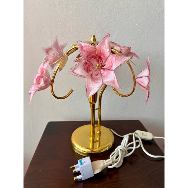 Vintage Pink Murano Glass Floral Table Lamp – Authentic Italian Curved Flower Desk Lamp With Brass Frame - a Pair For Sale - Image 6 of 18