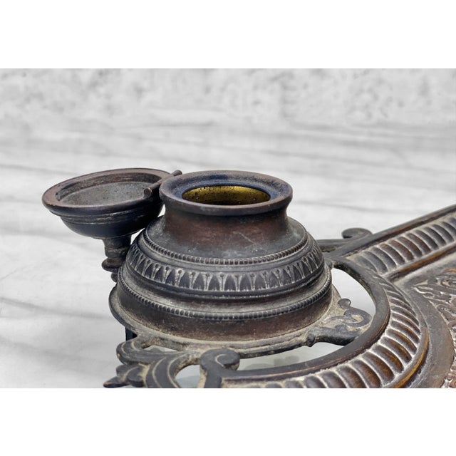 Metal Antique French Empire Bronze Fountain Pen Rest Inkwell For Sale - Image 7 of 11