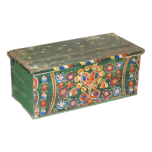 Romanian Original Paint Dated Love Heart Blanket Chest Coffer Trunk, 1901 For Sale