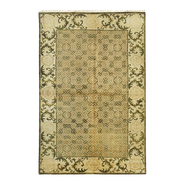 8x10 Green Hand-Knotted Wool Scrolled Leaf Border Geometric Modern Carpet Rug For Sale