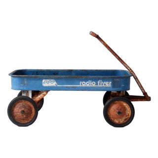 Vintage 1970s Radio Flyer Model 100 Blue Metal Wagon For Sale