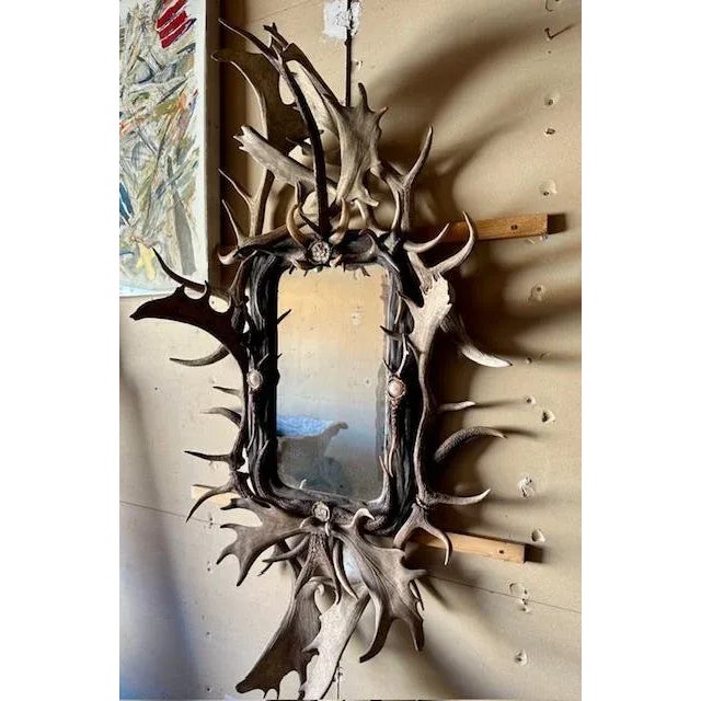Wood Late 19th Century Large Antler Mirror, Rustic Trophy-Style Wall Mirror For Sale - Image 7 of 8