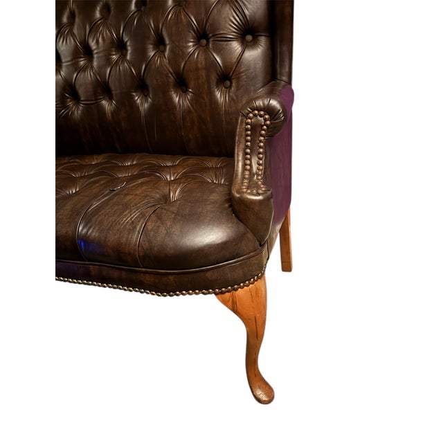 Vintage English Chesterfield Tufted Oxblood Leather Wingback Settee For Sale - Image 4 of 12