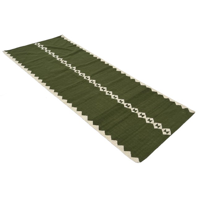 Handwoven New Zealand Wool, Natural Vegetable Dyed, Olive Green And Cream Geometric Diamond Patterned Runner Rug- 4'x10'...