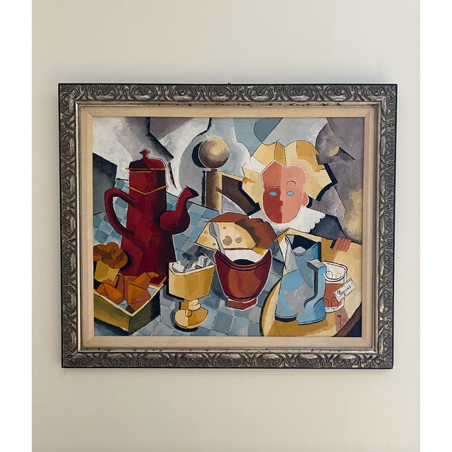 1990s 1990s Large Original Signed Oil Painting — Post-Cubist Figural Still Life — Ornate Silver Frame For Sale - Image 5 of 8