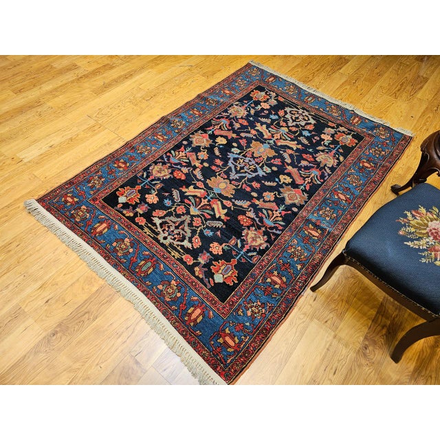 Antique Persian Malayer Rug, Hand-Knotted Wool, Geometric Pattern, 5x7, Navy and Green For Sale - Image 4 of 16
