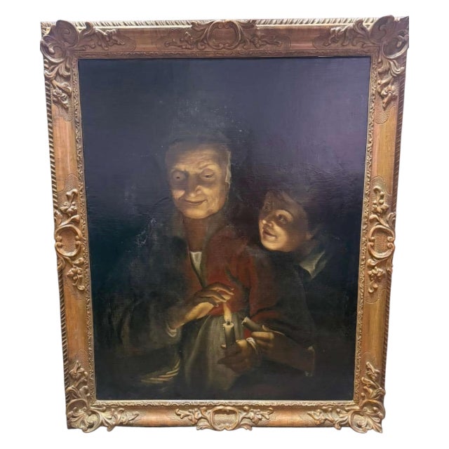 Circle of Sir Peter Paul Rubens, Nocturnal Candlelight Scene with Elderly Woman and Child, Oil on Canvas, 17th Century, Framed For Sale - Image 13 of 13