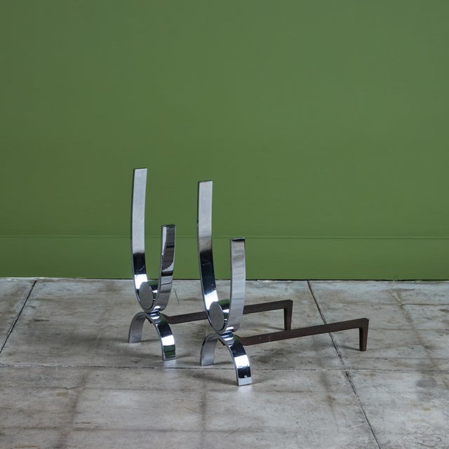 Mid 20th Century Donald Deskey Style Nickel Plated Andirons For Sale - Image 5 of 12