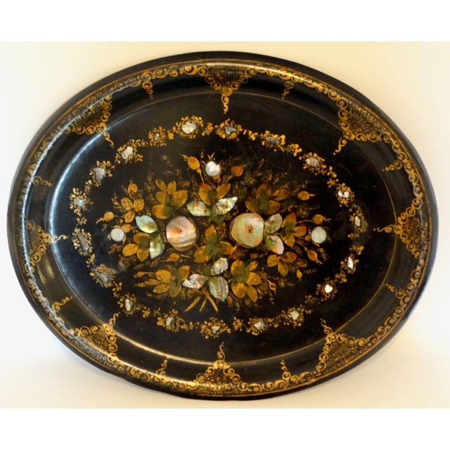 19th Century English Papier-Mâché Chinoiserie Tray. With Mother of Pearl Inlay For Sale - Image 6 of 11