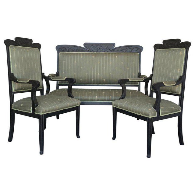 20th Black French Seating Set Sofa and Two Armchairs in the Louis Seize Style For Sale - Image 13 of 13