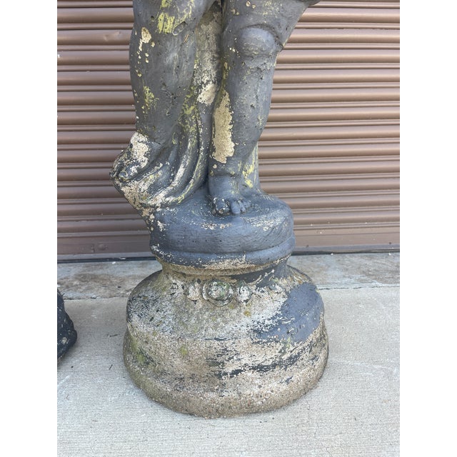 1940s Pair of Grand 39" Tall Neoclassical Cast Stone Putti Figure Planters With Mossy Patina For Sale - Image 10 of 14