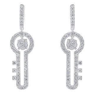 3.2 Ct Diamond Drop Cocktail Key Shape Earrings in 14 Karat White Gold 8 Grams For Sale