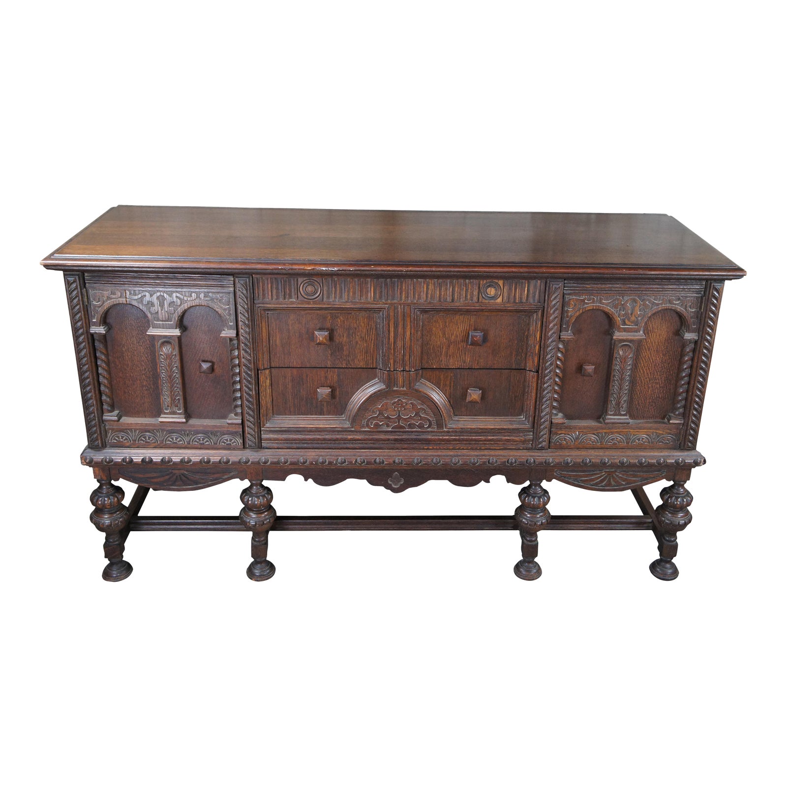 Antique Jacobean English Revival Carved Oak Buffet Sideboard Server ...