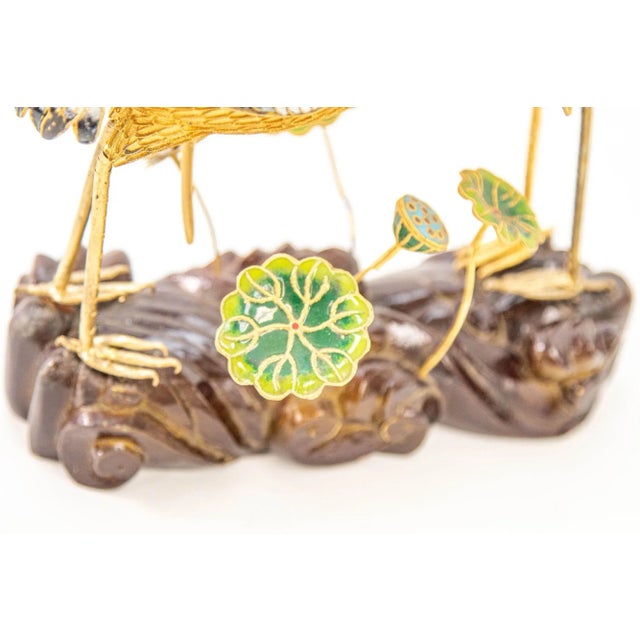 Metal Vintage Chinese Metal Gilt Filigree and Enamel Cranes Figures on Wooden Stand For Sale - Image 7 of 12