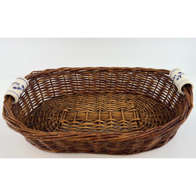 1960s Vintage Woven Wicker Basket With Blue & White Porcelain Handles For Sale - Image 5 of 11