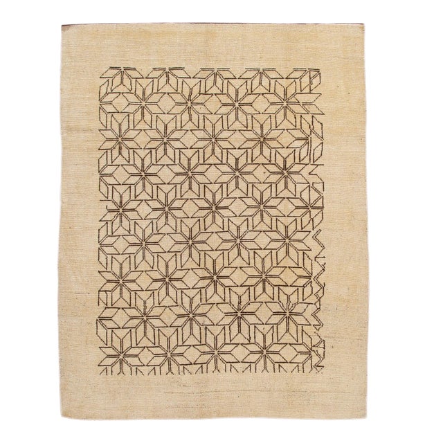 Modern Beige Deco Style Handmade Geometric Floral Wool Rug For Sale