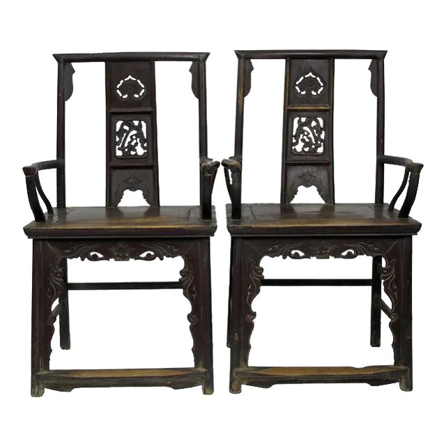 Antique Chinese Armchair With Carved Back and Rim - a Pair For Sale