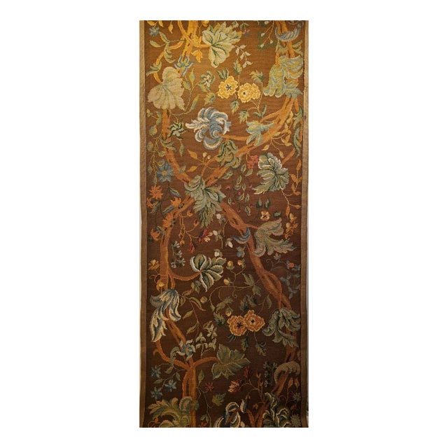 Vintage French Needlepoint Runner, Handwoven Wool, Tree of Life Pattern, Brown & Blue, 4’ X 15’ For Sale