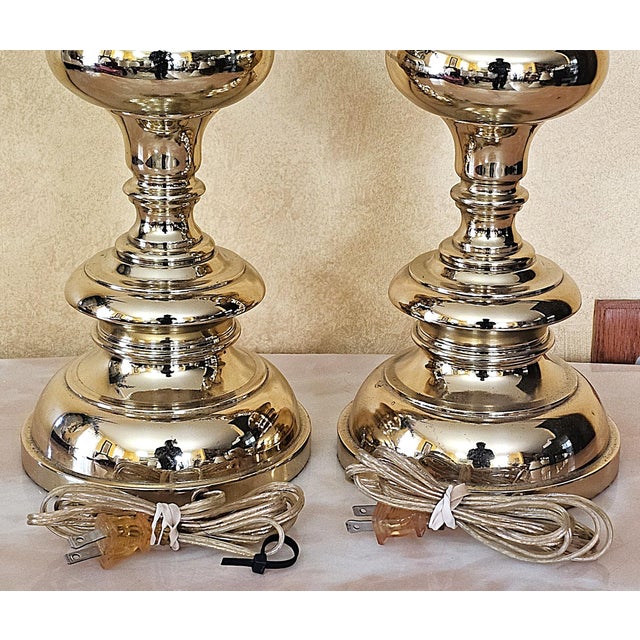 Pair of Tall Brass Table Lamps With Ivory Bell Shades – Hollywood Regency Style For Sale - Image 12 of 18