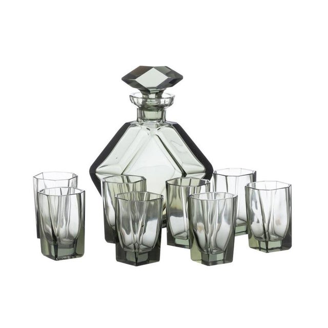 Art Deco Glass and Crystal Bottle and Glasses by Rudolf Eschler for Moser, Set of 9 For Sale - Image 6 of 6