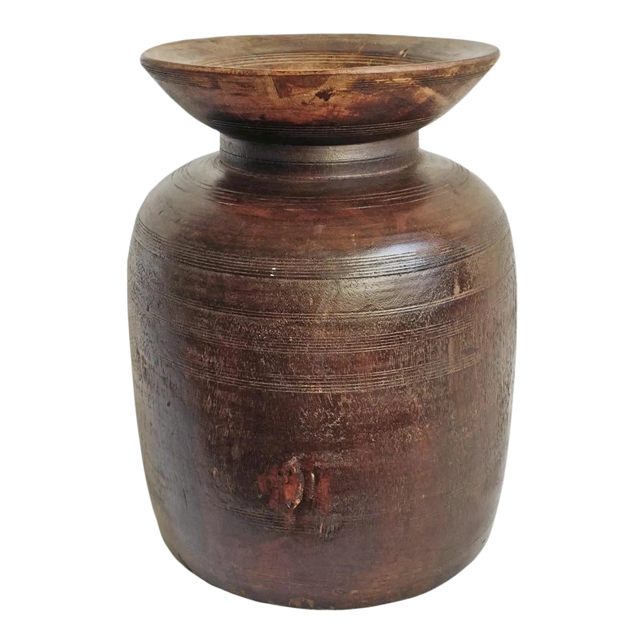 Carved Wood Vintage Rustic Pot | Chairish