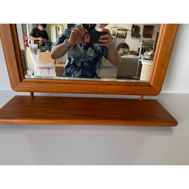Brown Mid-Century Danish Modern Teak Wall Mirror With Built-in Shelf by Fakse, Denmark For Sale - Image 8 of 13