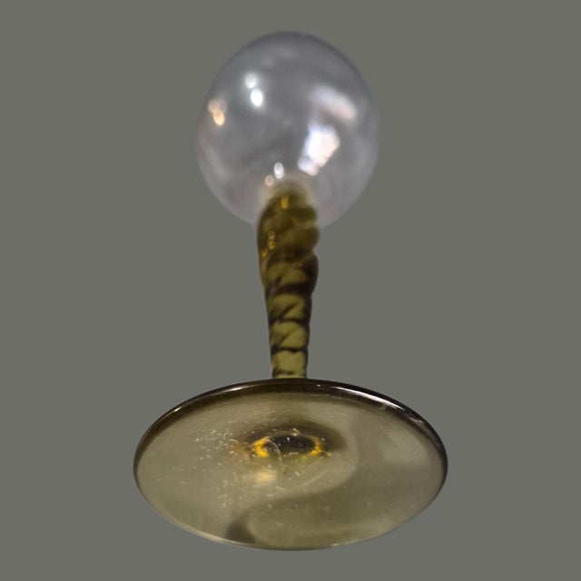 Vintage Four Venetian Hand Blown Twisted Olive Green Glass Stem Liquor Glasses For Sale - Image 6 of 9