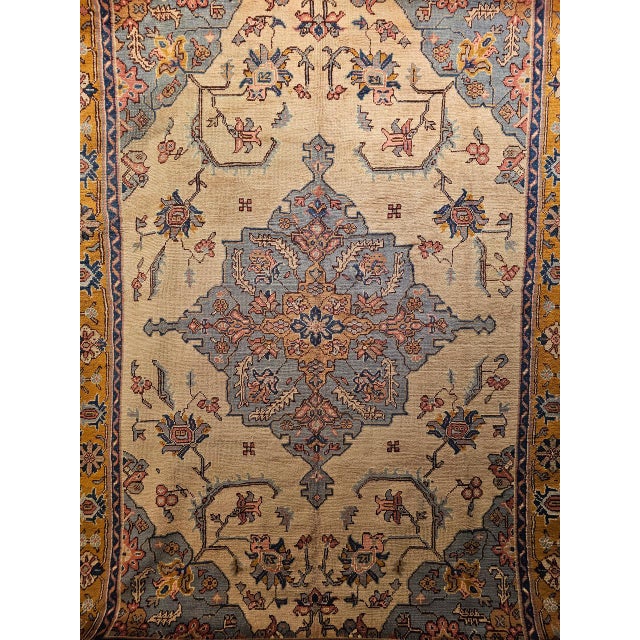 Vintage Turkish Oushak Rug, Handwoven Geometric Pattern, Ivory & Blue, 8' x 11' For Sale - Image 12 of 18