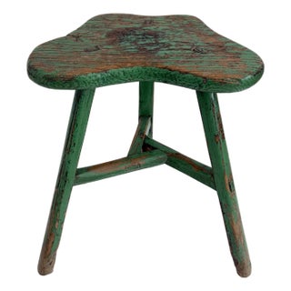 Rustic Green Painted Elm Stool For Sale
