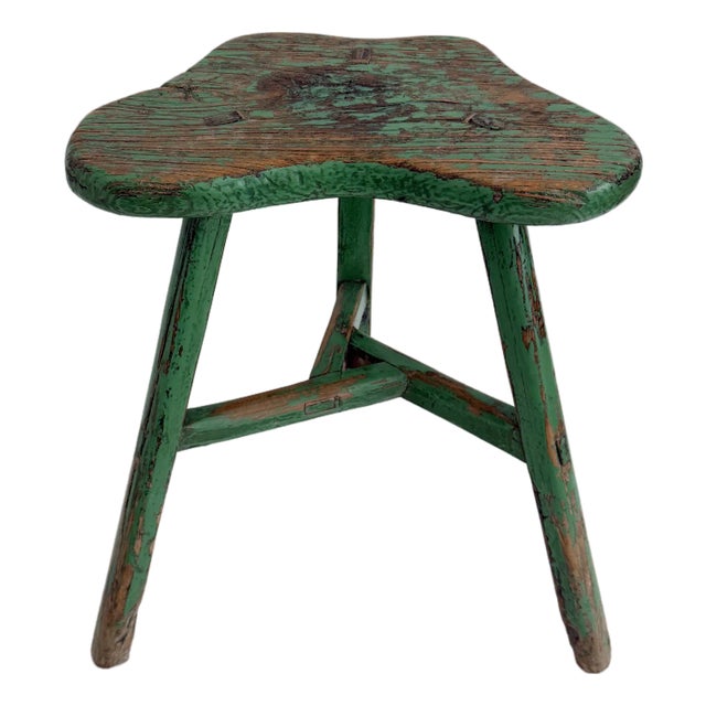 Rustic Green Painted Elm Stool For Sale