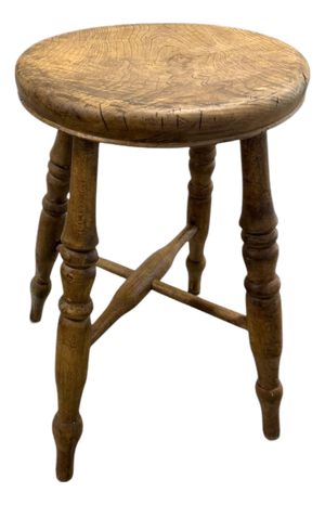 19th Century English Elm Milking Stool With Turned Legs