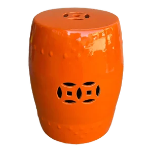Oriental Double Coin Pattern Solid Orange Porcelain Round Stool