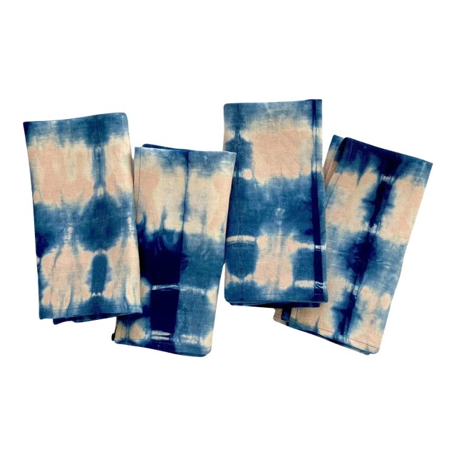 Rousseau Hand-Dyed Shibori Rose Pink & Indigo Blue Abstract Pattern Linen Napkins - Set of 4 For Sale