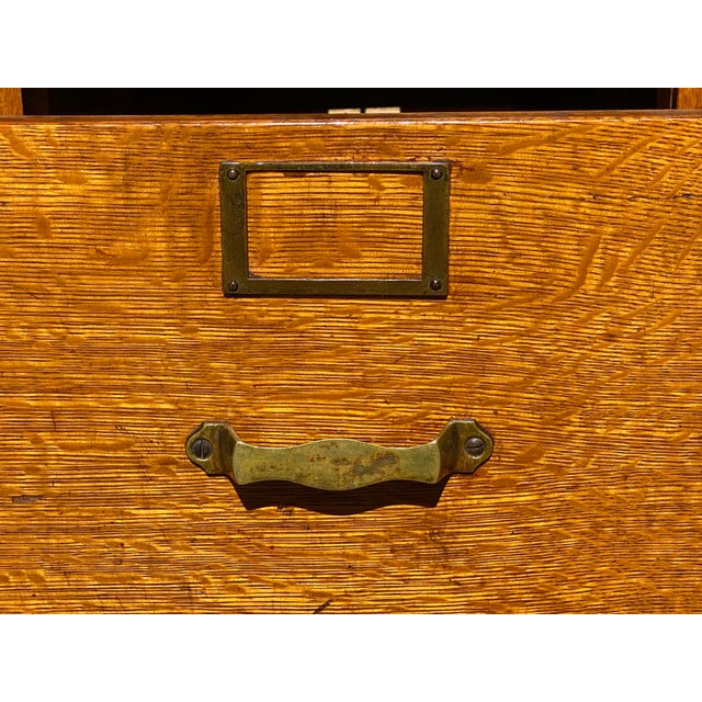 Wood Antique Arts & Crafts Tiger Oak Three Drawer Office File Cabinet For Sale - Image 7 of 10