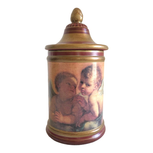 Cherub Motif Round Ceramic Jar With Lid For Sale