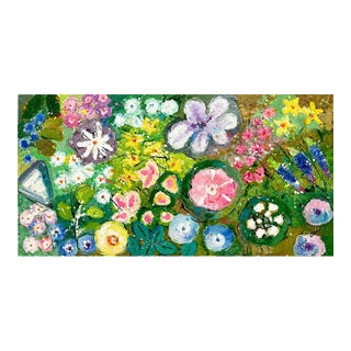 Vibrant Abstract Floral Garden Unstretched Painting on Canvas by Youn Cho | Original 12" X 24" For Sale
