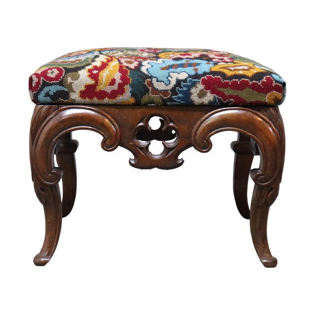 Late 19th Century Rococo Carved Walnut Floral Needlepoint Footstool C1880 For Sale - Image 5 of 13