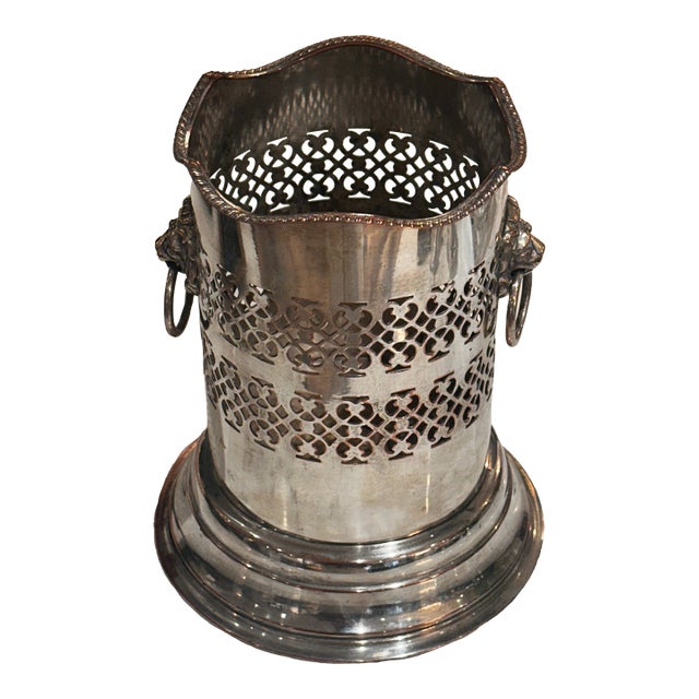 Antique Silver Plate Pierced Wine Bottle Holder With Lion and Ring Handles For Sale