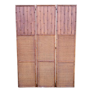 Vintage Huge Wood 3 Panel Faux Bamboo Folding Floor Screen Room Divider For Sale