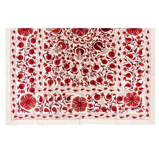 Contemporary 6.5x8 Ft Silk Wall Hanging in Red & Cream, Embroidered Bedspread, New Tablecloth For Sale - Image 3 of 4