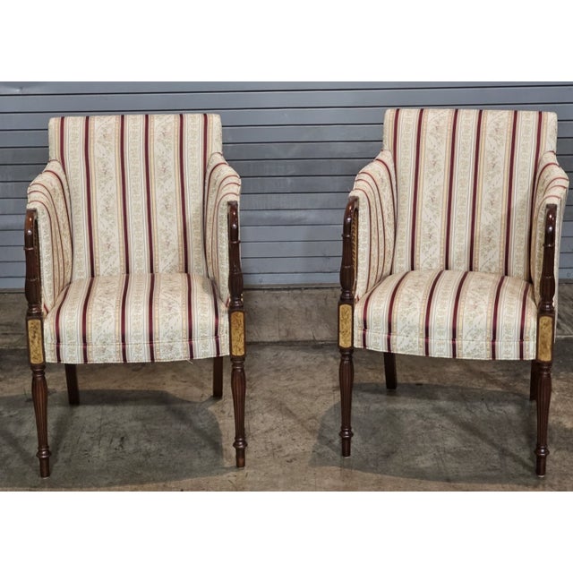 Traditional Late 20th Century Pair of Southwood Sheraton Tub Arm Chair Mahogany Frame Burl Maple Inlays Silk Fabric For Sale - Image 3 of 12