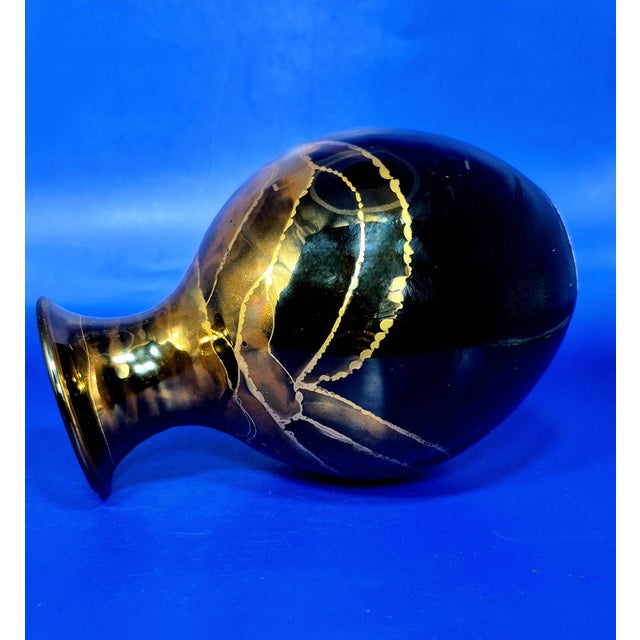 Ceramic Pair of Bruce Fairman Signed Studio Art Pottery Black & Gold Luster Gooseneck Vases - 2 For Sale - Image 7 of 14