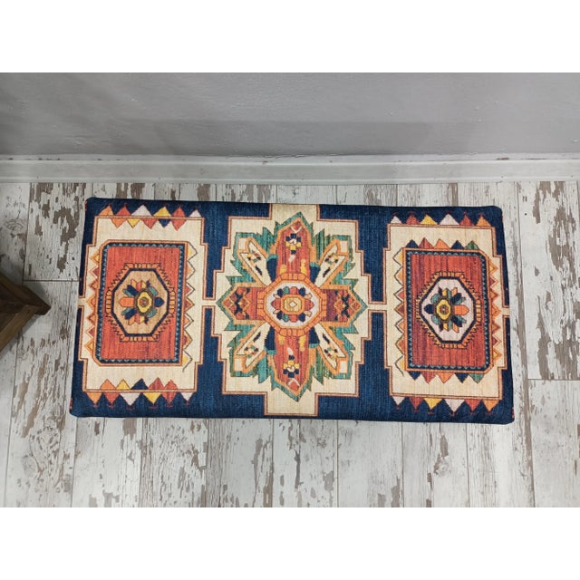 Ink Blue Printed Rug Fabric Upholstered Ottoman Bench For Sale In Raleigh - Image 6 of 10