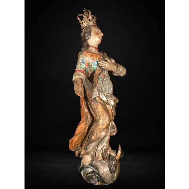 Wood 17th Century Spanish Polychrome Immaculate Conception Sculpture, 1650 For Sale - Image 7 of 10