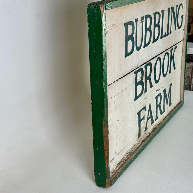 American 1930s Joyful Double Sided Wooden Trade Sign Advertising "Bubbling Brook Farm" in Green Paint For Sale - Image 3 of 10