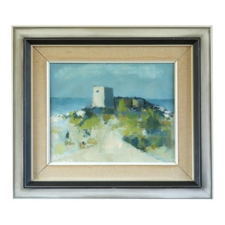 Mid-Century Modern 'Outpost by the Sea' Vintage Original Landscape Oil Painting, Framed For Sale