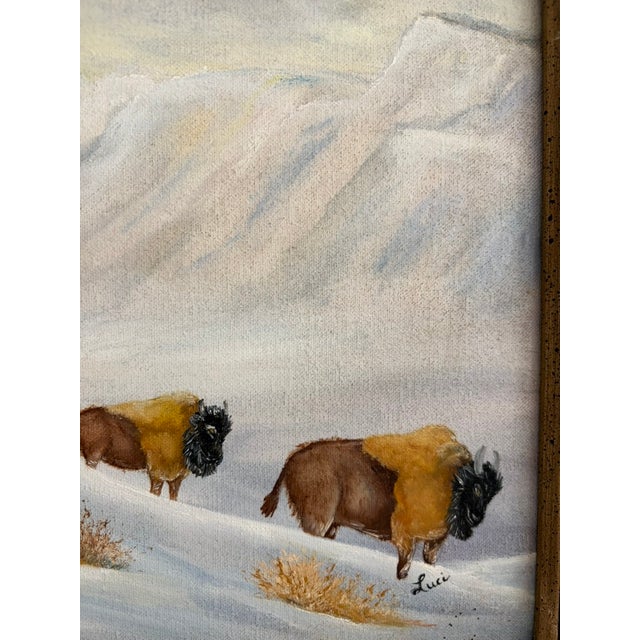 Vintage Bison Landscape Painting – Oil on Canvas, Signed “Luci,” Framed For Sale - Image 9 of 10